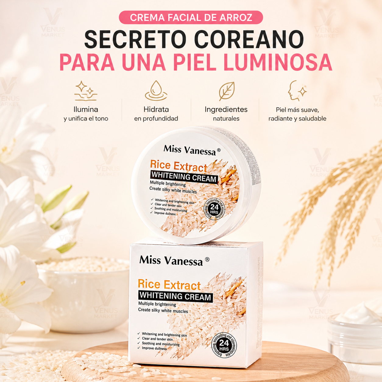 Crema Facial Blanqueadora con extracto de Arroz — Secreto Coreano para una Piel Luminosa