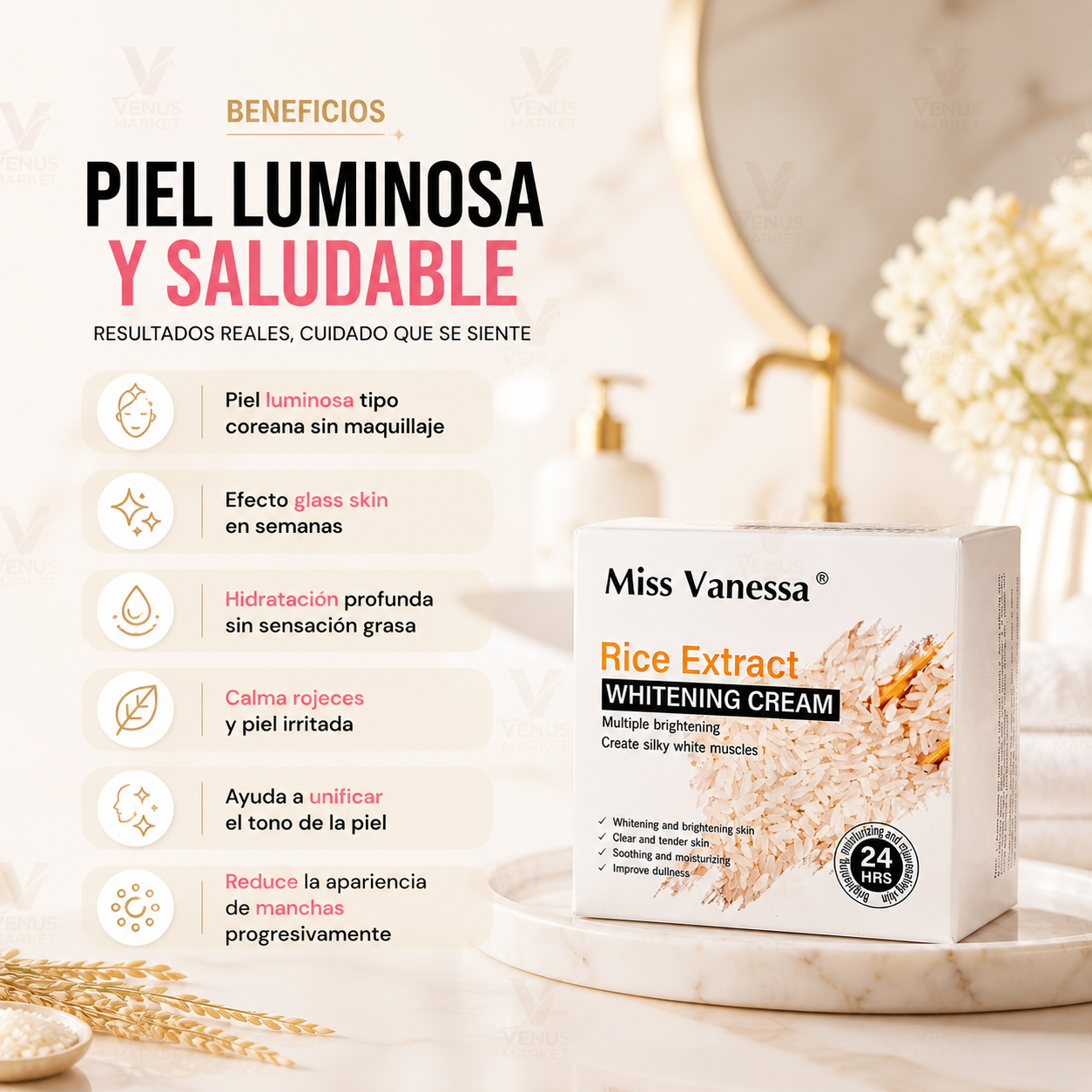 Crema Facial Blanqueadora con extracto de Arroz — Secreto Coreano para una Piel Luminosa